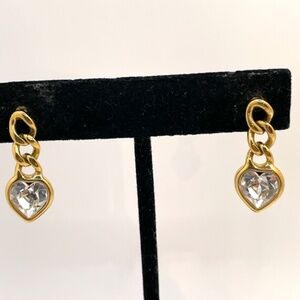 Monet Signed Gold Tone Crystal Heart Chain Pierced Dangling Earrings